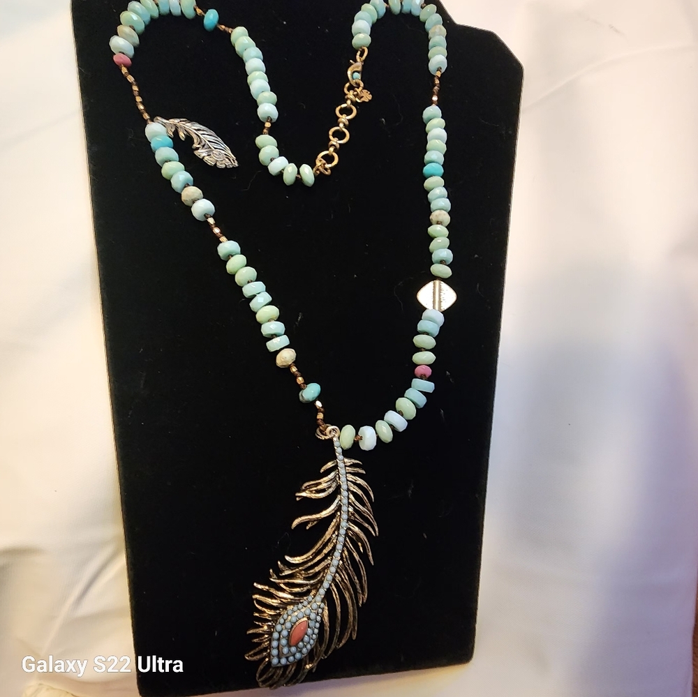 Lucky Brand 34" Southwestern Turqouise Coral Colored Silver Feathers NECKLACE - Picture 5 of 6